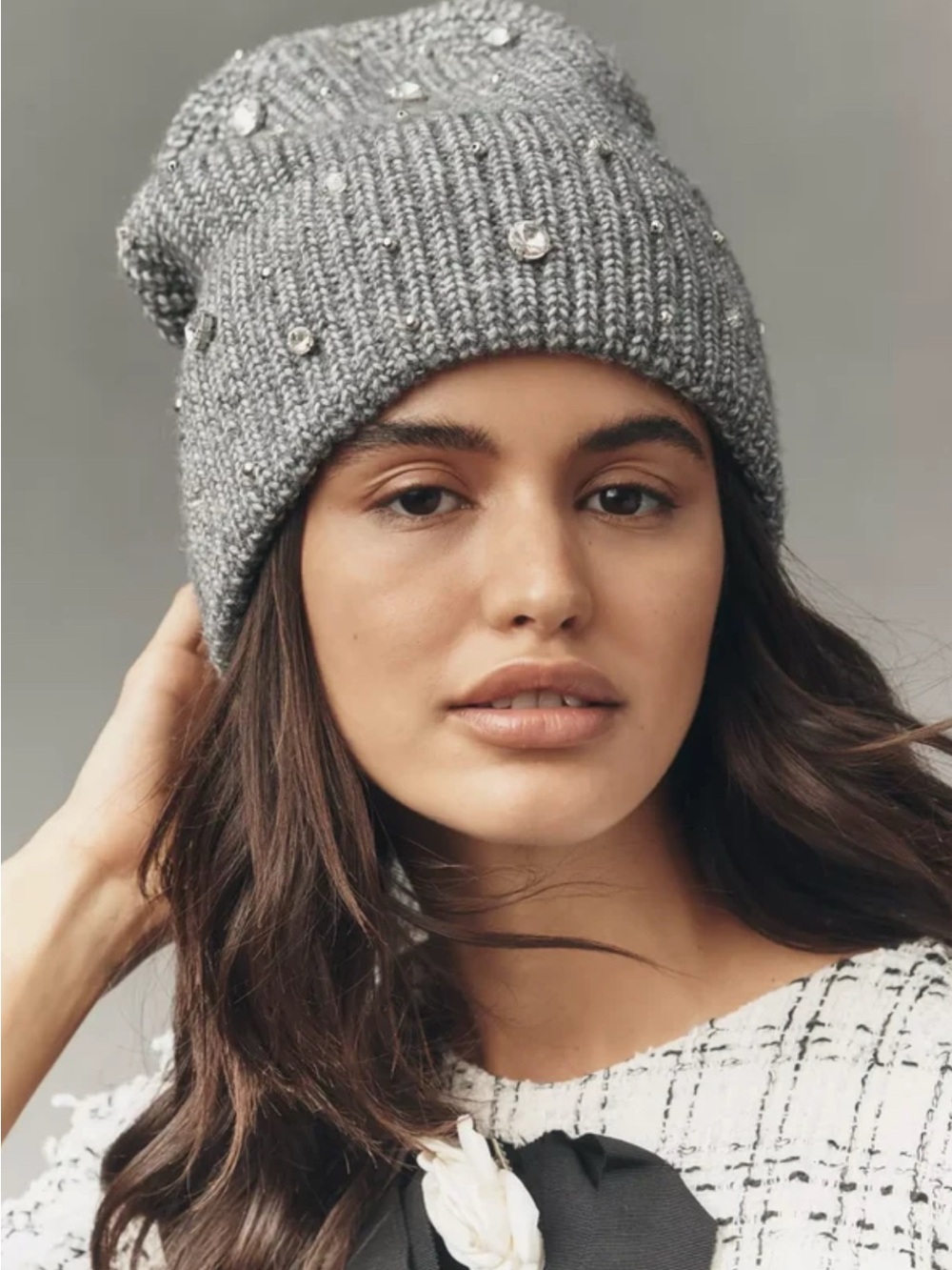 NWT ANTHROPOLOGIE X FLAT WHITE RHINESTONE BEANIE KNIT HAT